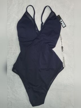 TA3 Waist Cinch Navy Meshy One-Piece Swimsuit